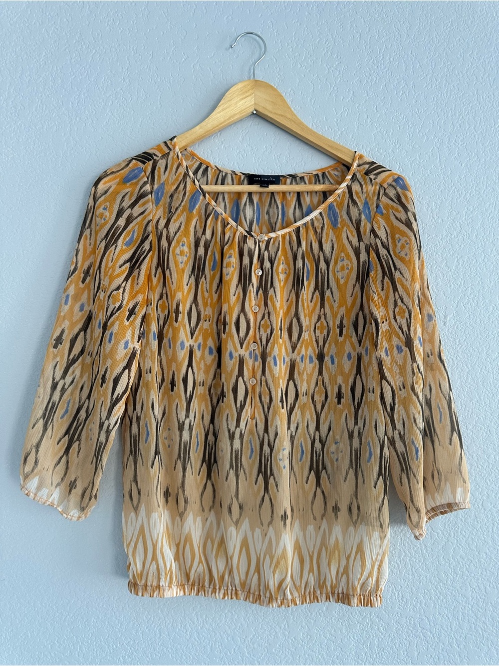 The Limited Yellow and Blue Ikat-Print Peasant Blouse